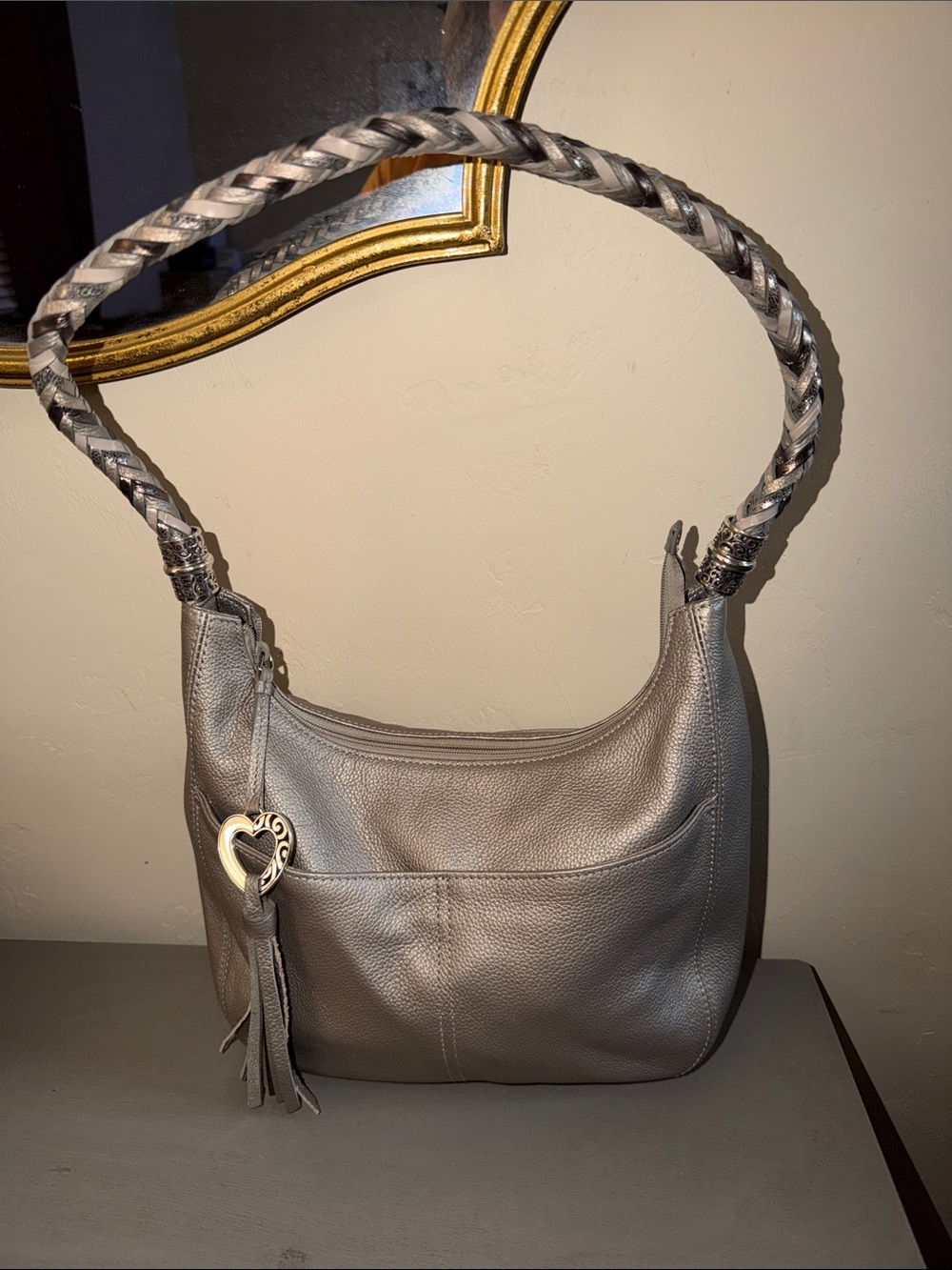 Brighton Metallic Silver Leather Hobo with Braided Strap